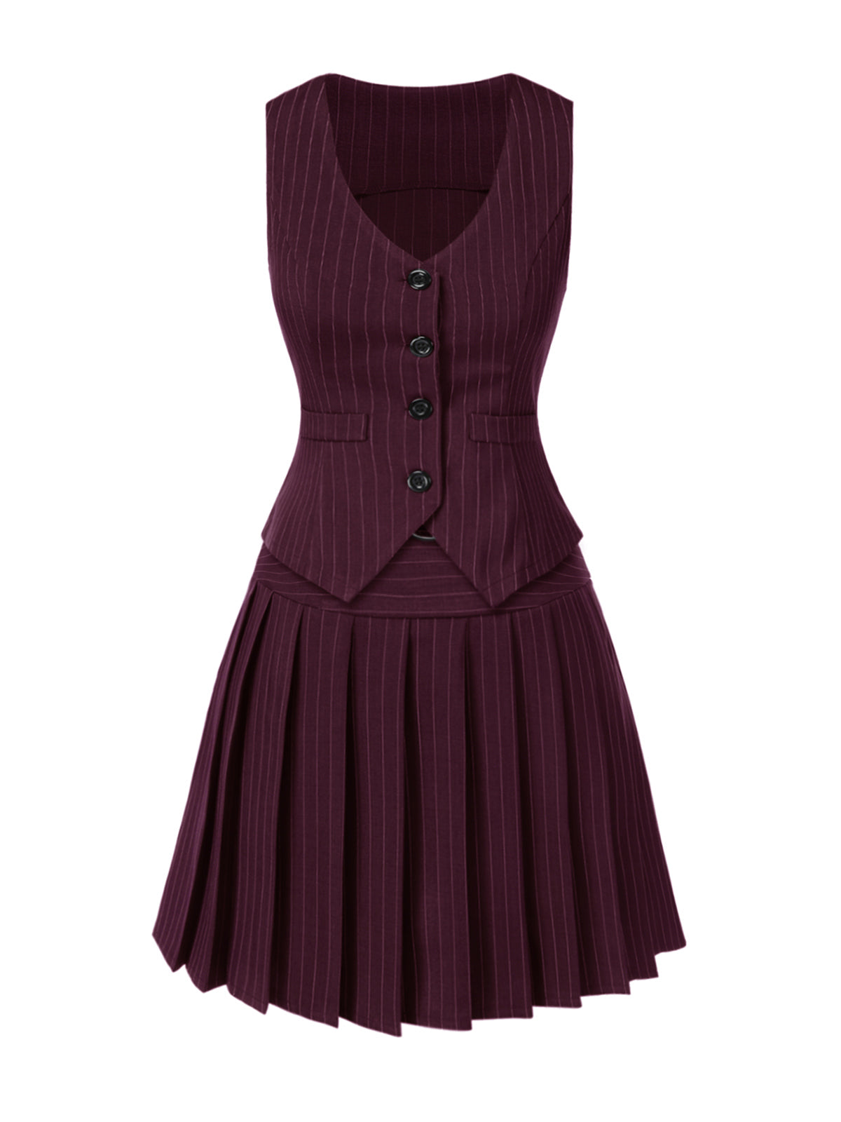 2PCS Dark Gray 1960s Pinstripes Top & Pleated Skirt