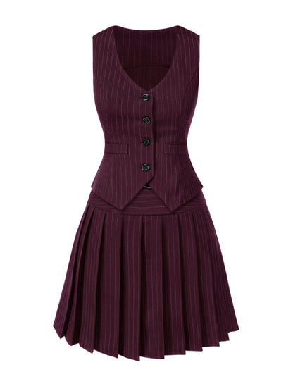 2PCS Dark Gray 1960s Pinstripes Top & Pleated Skirt