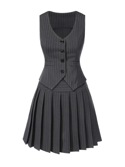 2PCS Dark Gray 1960s Pinstripes Top & Pleated Skirt
