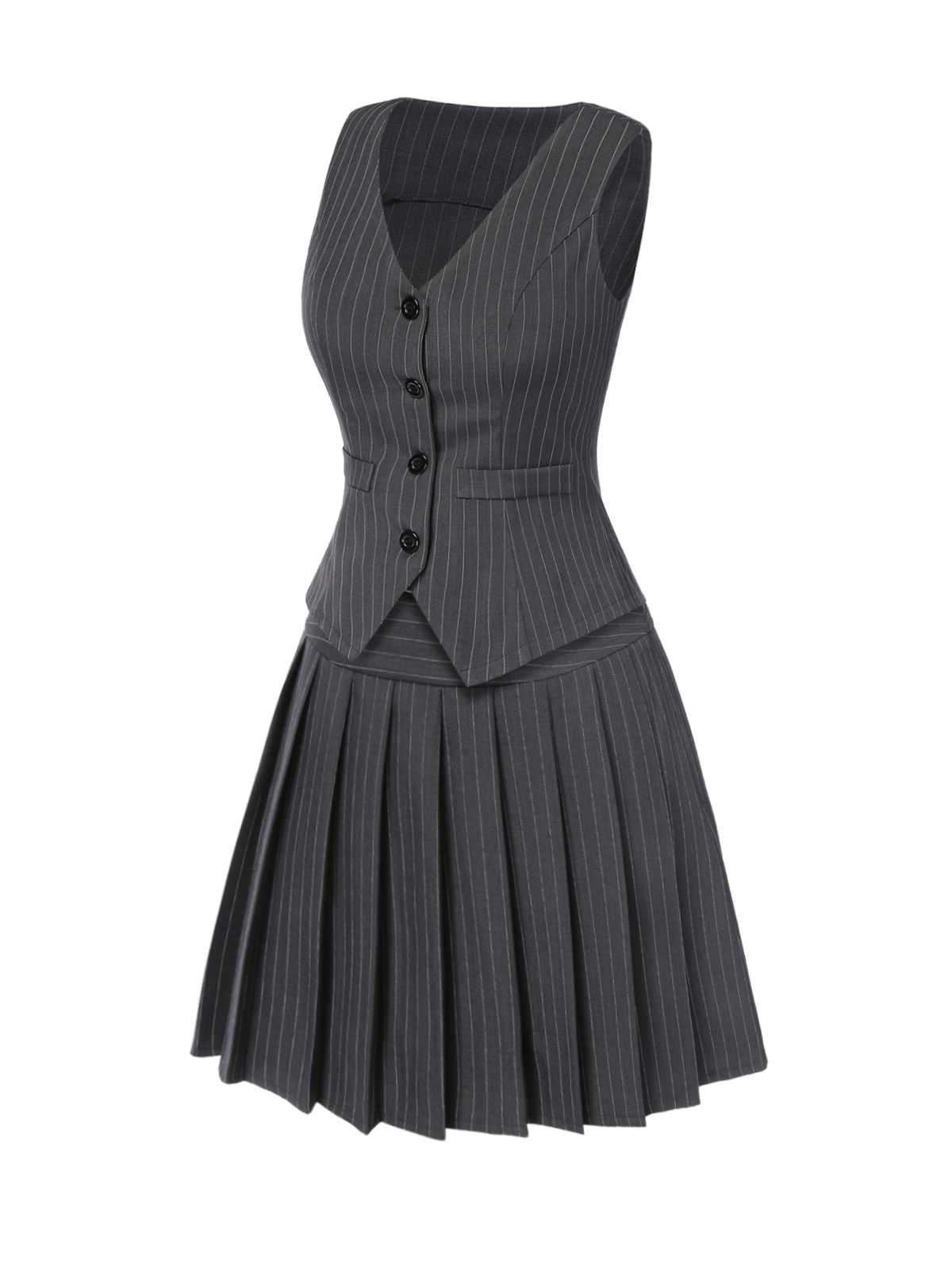 2PCS Dark Gray 1960s Pinstripes Top & Pleated Skirt