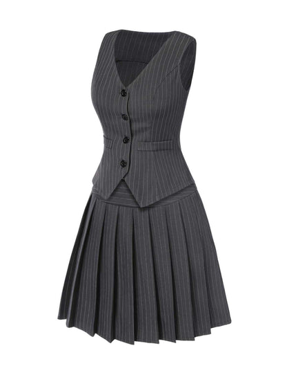 2PCS Dark Gray 1960s Pinstripes Top & Pleated Skirt