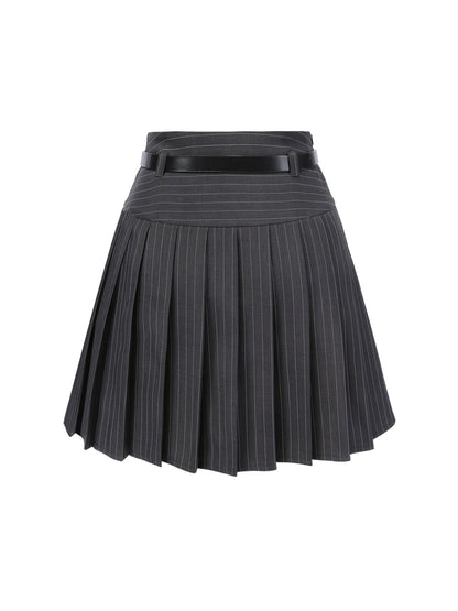 2PCS Dark Gray 1960s Pinstripes Top & Pleated Skirt