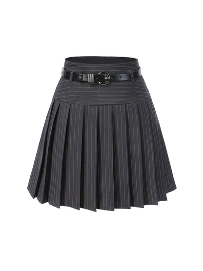 2PCS Dark Gray 1960s Pinstripes Top & Pleated Skirt