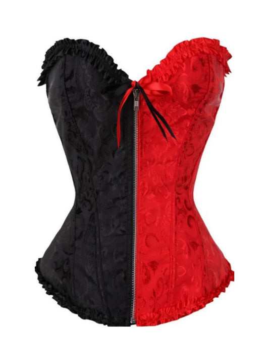 Black & Red 1980s Gothic Colorblock Jacquard Ruffled Corset