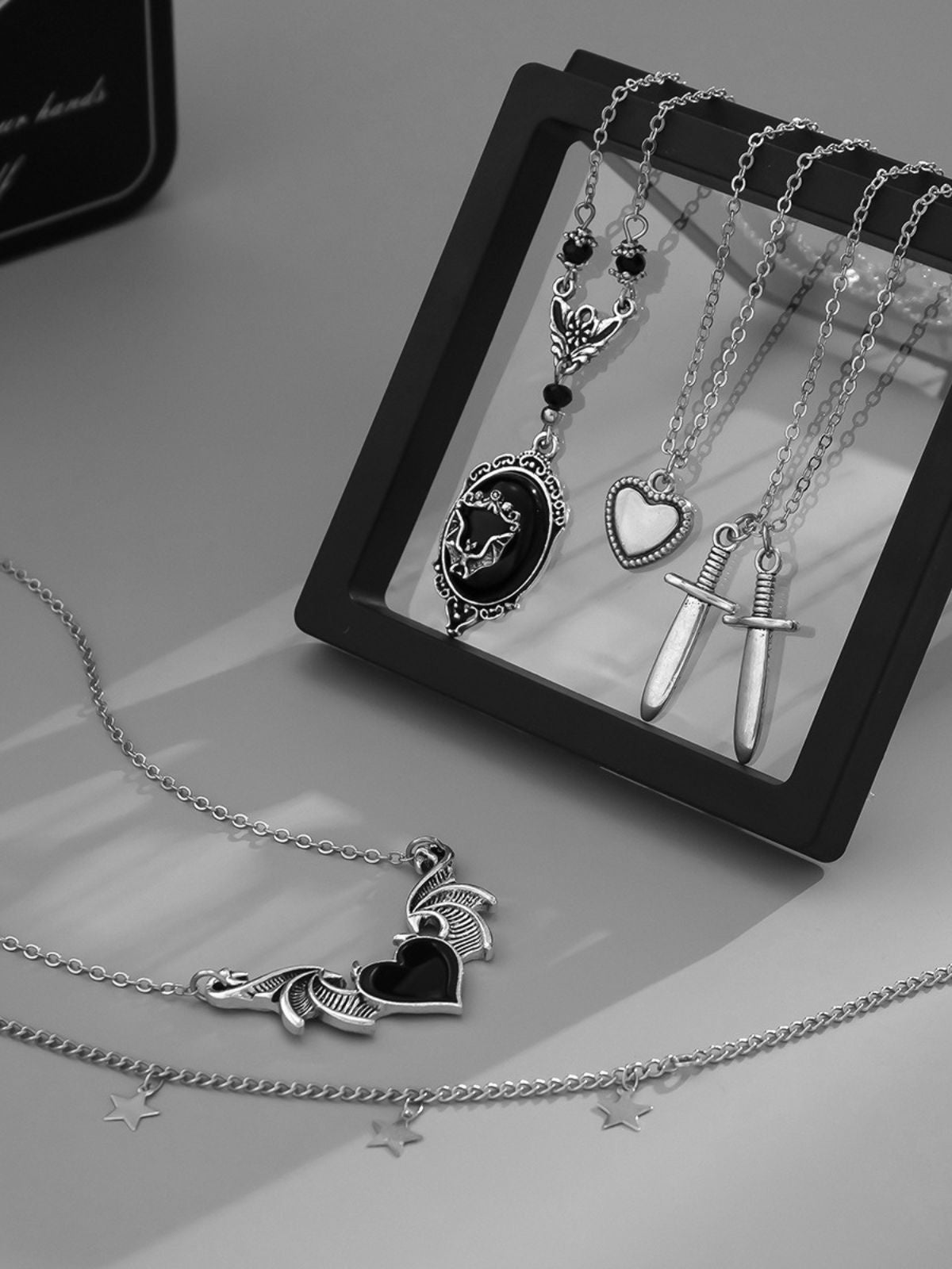 Black Gothic Heart Wings Star Dagger Pendant Necklace Set