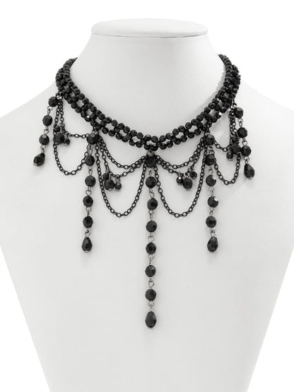 Black Gothic Artificial Crystal Tassels Pendant Necklace