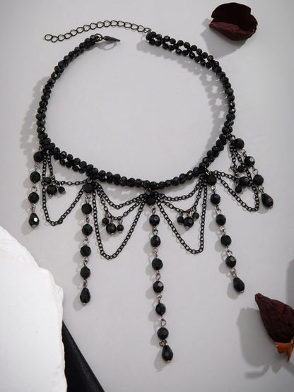 Black Gothic Artificial Crystal Tassels Pendant Necklace