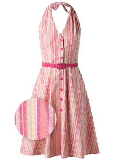Pink 1950s Stripes Belt Swing Dress