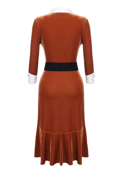 Orange 1930s Belted Velvet Work Dress