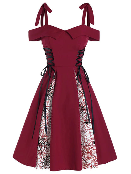 ‍Red 1950s Patchwork Bowknot Lace-up Dress (65% off)