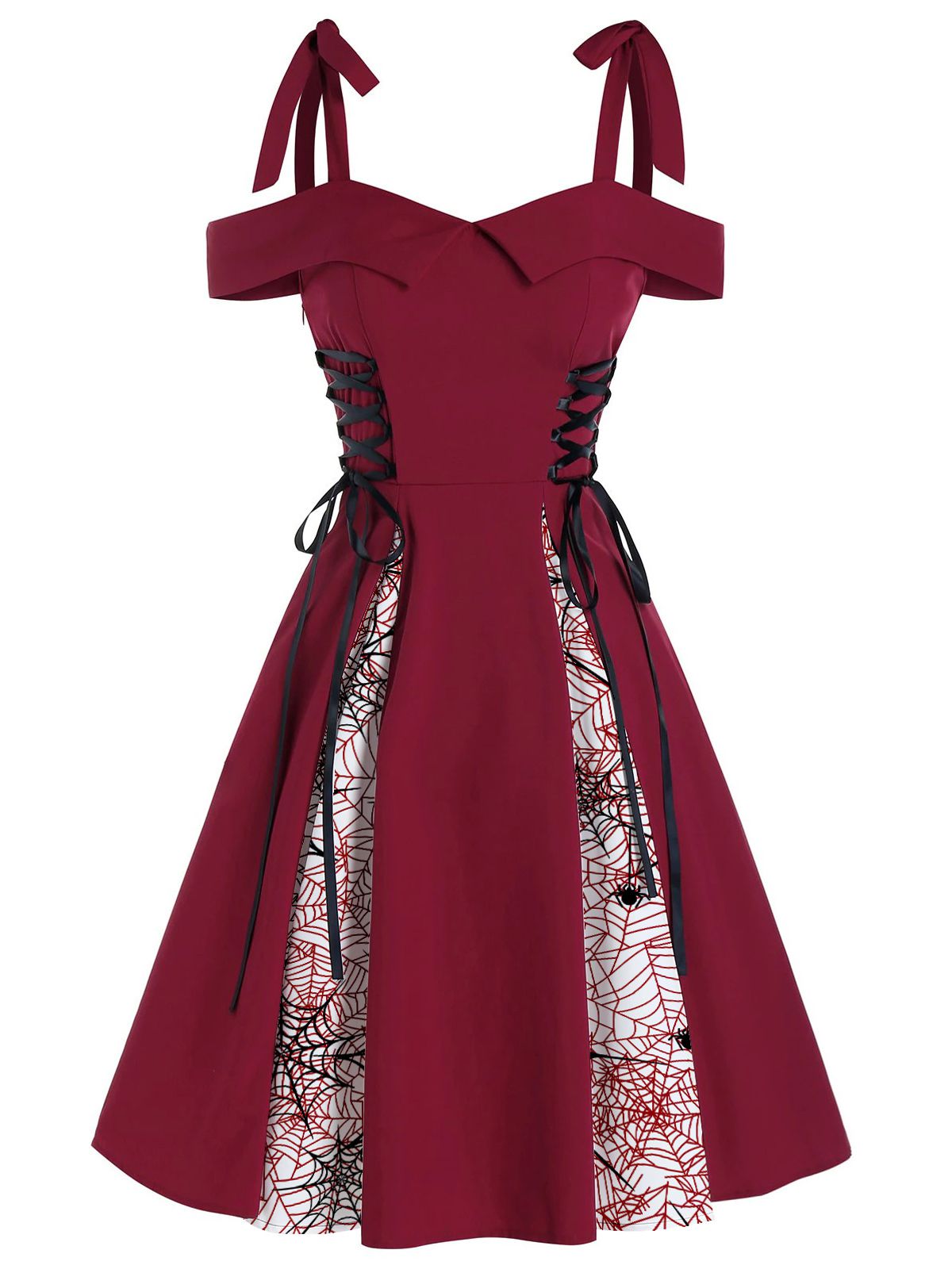 ‍Red 1950s Patchwork Bowknot Lace-up Dress (65% off)