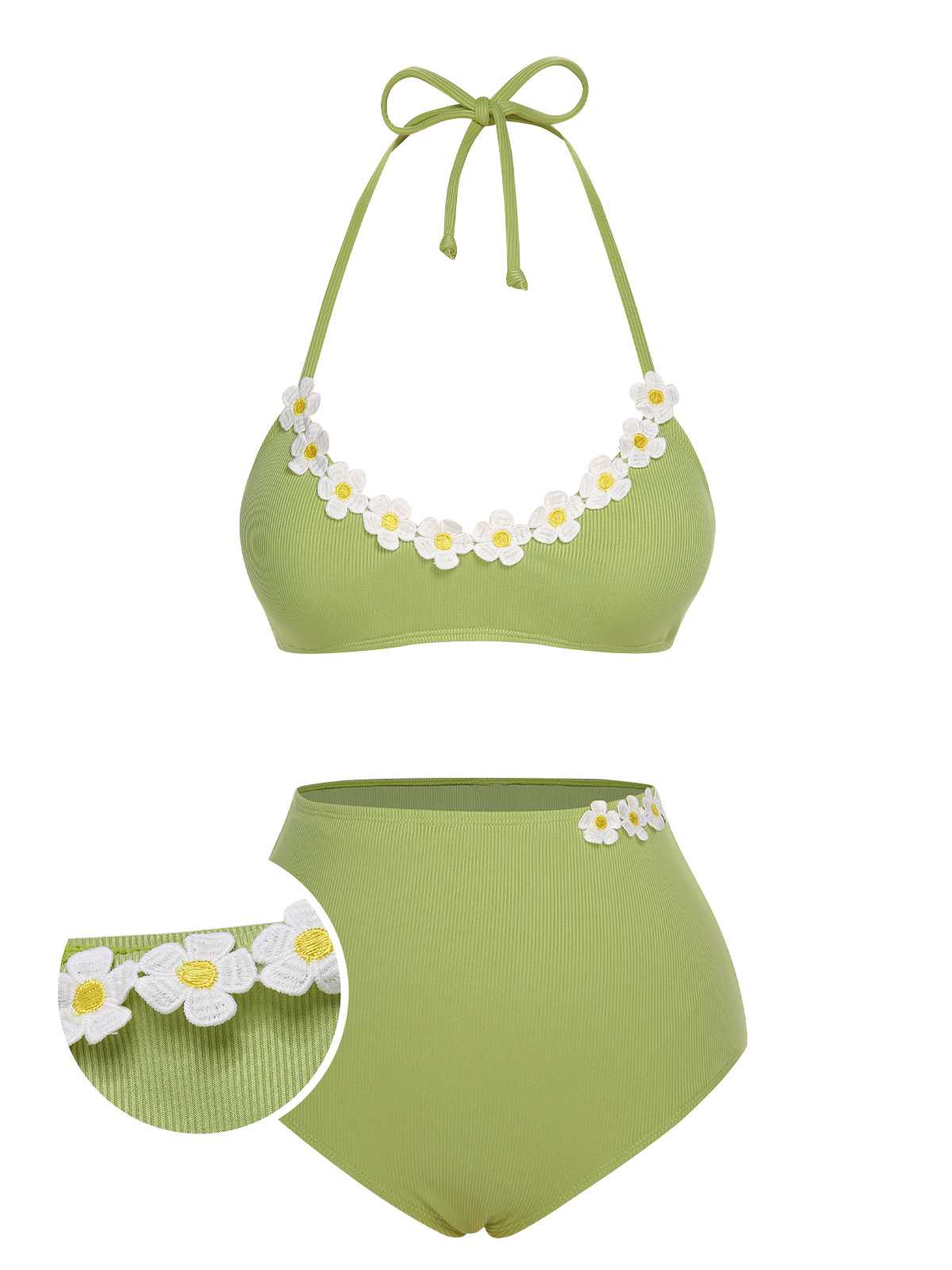 ‍Light Green 1960s Halter Knit Daisy Swimsuit (60% off)