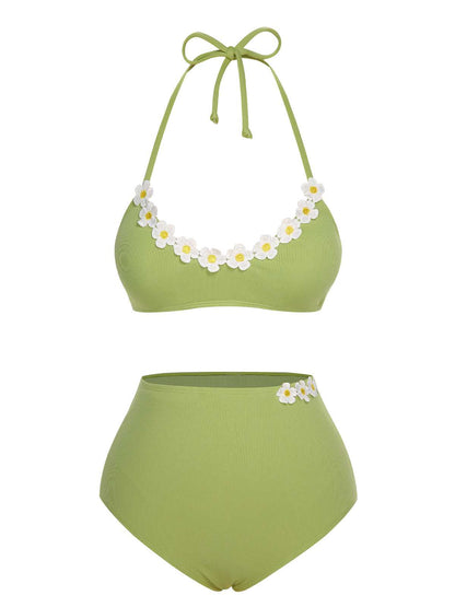 ‍Light Green 1960s Halter Knit Daisy Swimsuit (60% off)