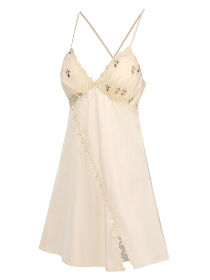 2PCS Apricot 1950s Floral Straps Slit Nightgown & Robe