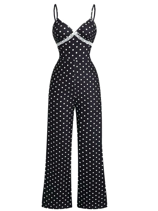 1940s Polka Dot Lace Trim Strap Jumpsuit