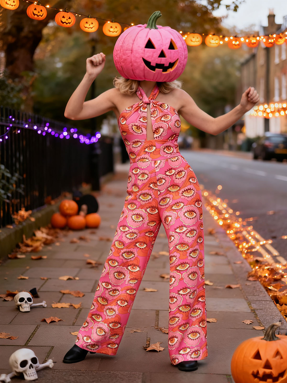 [Pre-Sale] Pink 1960s Halter Cutout Psychedelic Eye Jumpsuit