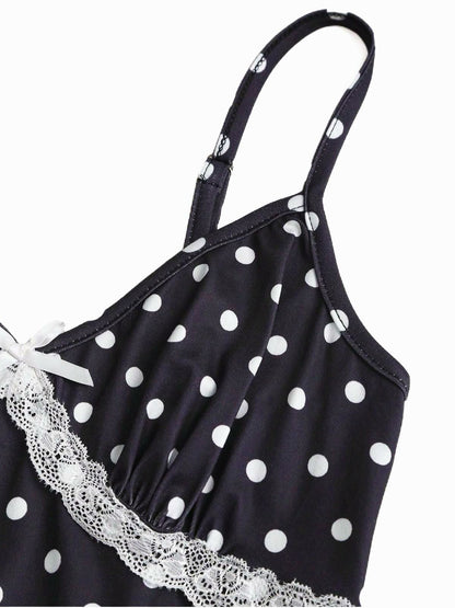 1940s Polka Dot Lace Trim Strap Jumpsuit