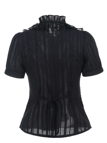 Black 1980s Gothic Pure Cotton Ruffled Blouse