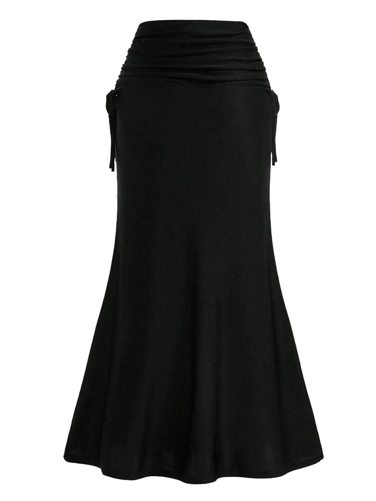 Black 1960s Gothic Ruched Mermaid Maxi Skirt