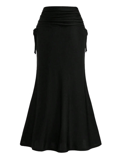 Black 1960s Gothic Ruched Mermaid Maxi Skirt