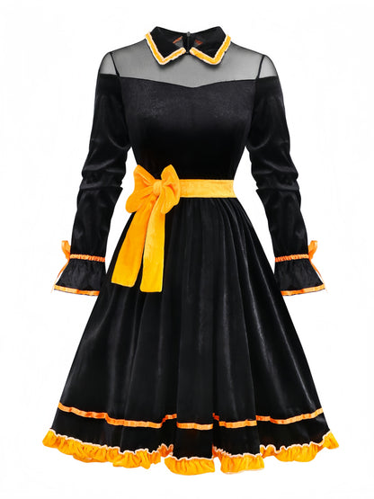 Black 1940s Lapel Bow Patchwork Dress