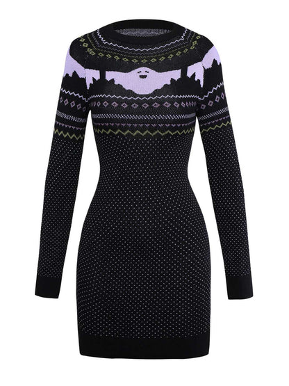 Black 1960s Dots Halloween Ghost Sweater Dress