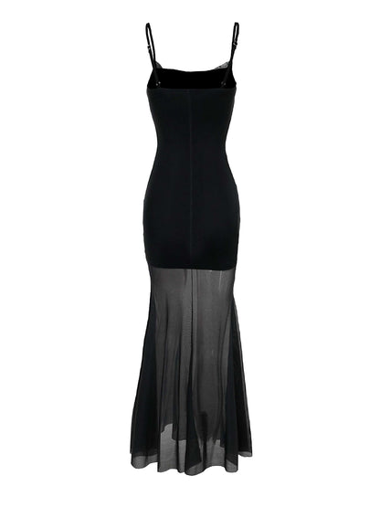 Black 1970s Slip Gothic Skeleton Print Mesh Dress