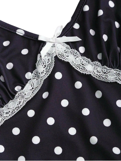 1940s Polka Dot Lace Trim Strap Jumpsuit