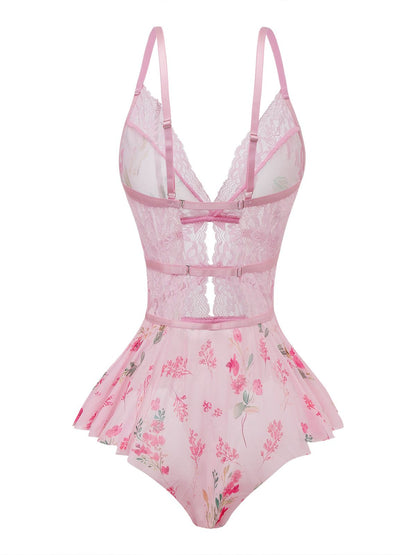 Pink 1970s Floral Lace Sheer Nightgown