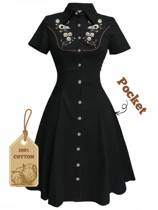 [Pre-Sale] Black 1950s Cotton Floral Embroidered Western Style Dress