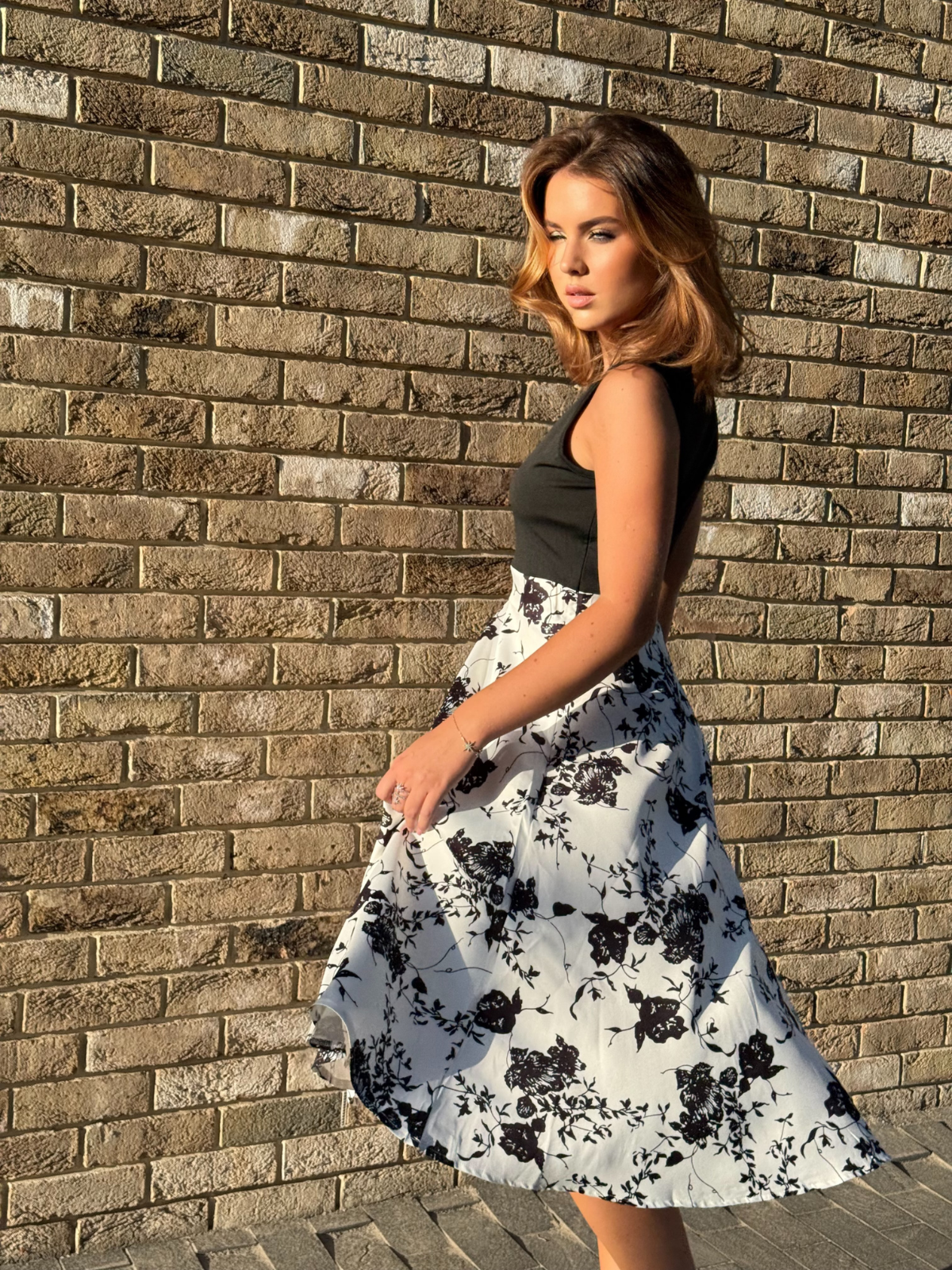 Black 1950s Floral Swing Dress