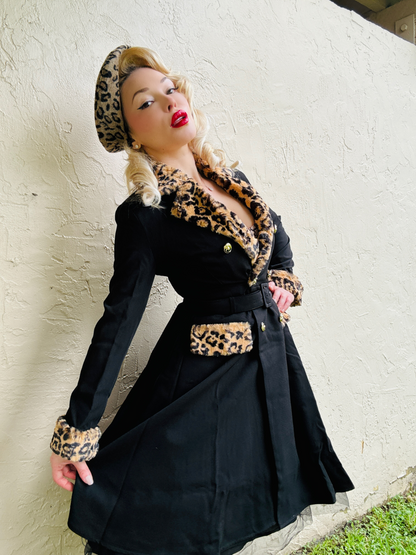 Black 1950s Leopard Lapel Pocket Coat