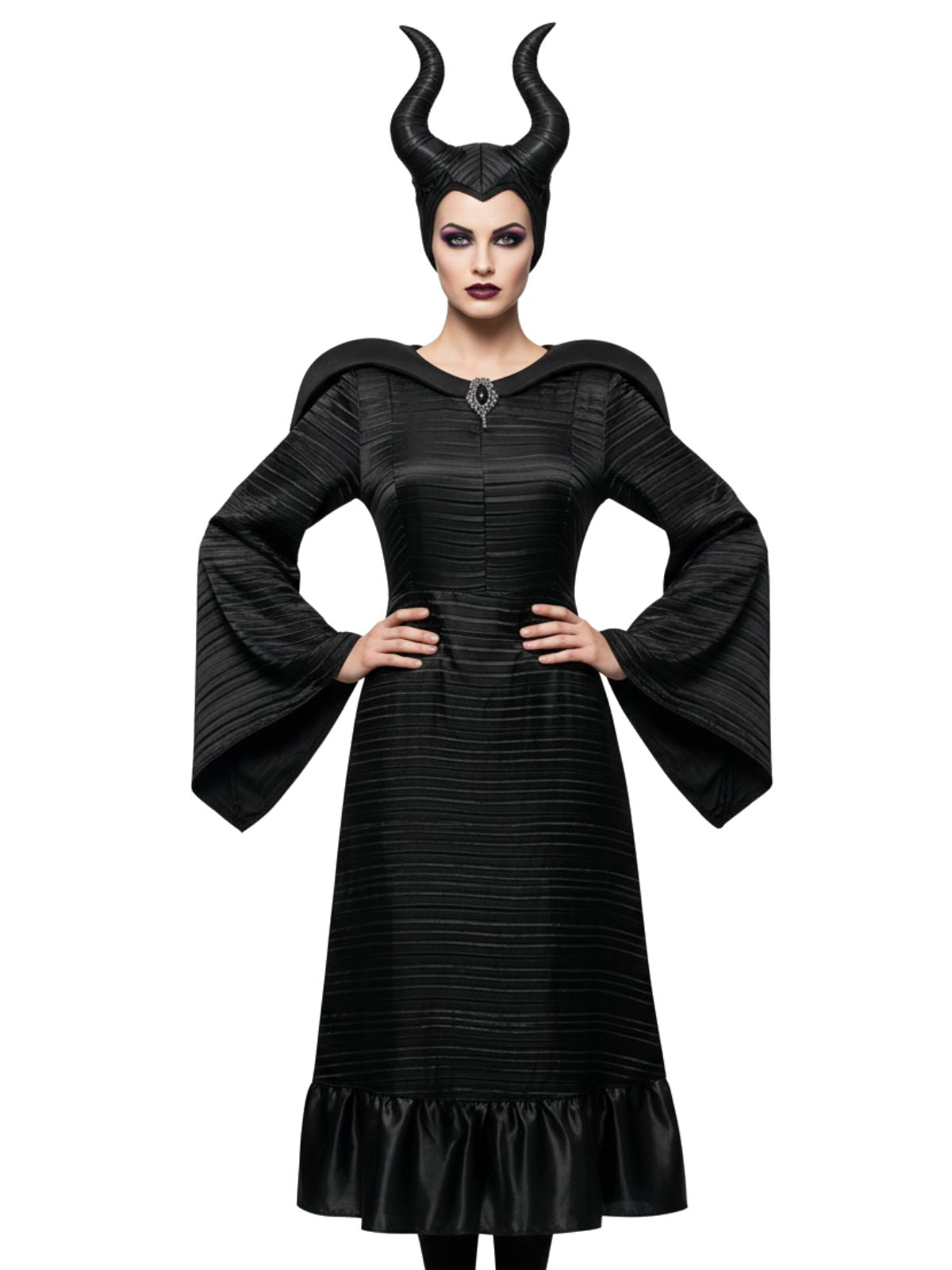 Black 1930s Halloween Maleficent Batwing Sleeve Dress Set